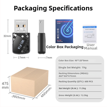 Wi‑Fi 6 bez ovládačov USB bezdrôtová sieťová karta Bluetooth 5.4, 900 Mbps, dvojpásmové 2,4/5 GHz, USB prijímač‑vysielač (AX913B)