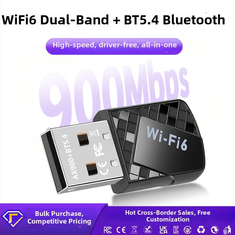 Wi‑Fi 6 bez ovládačov USB bezdrôtová sieťová karta Bluetooth 5.4, 900 Mbps, dvojpásmové 2,4/5 GHz, USB prijímač‑vysielač (AX913B)