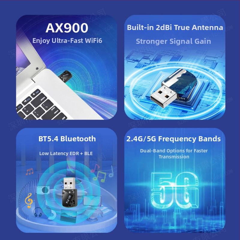 Wi‑Fi 6 bez ovládačov USB bezdrôtová sieťová karta Bluetooth 5.4, 900 Mbps, dvojpásmové 2,4/5 GHz, USB prijímač‑vysielač (AX913B)