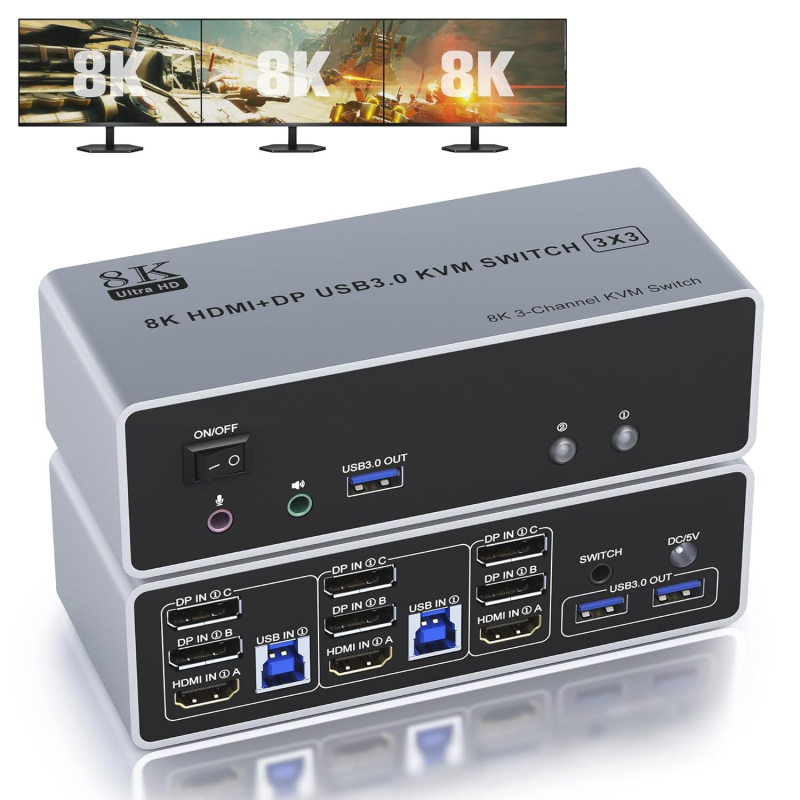 HDMI/DP KVM prekidač, 2 ulaza, 3 izlaza, hibridni KVM za dijeljenje tipkovnice i miša između 2 računala, 3 zaslona, podrška 8K60Hz unatrag
