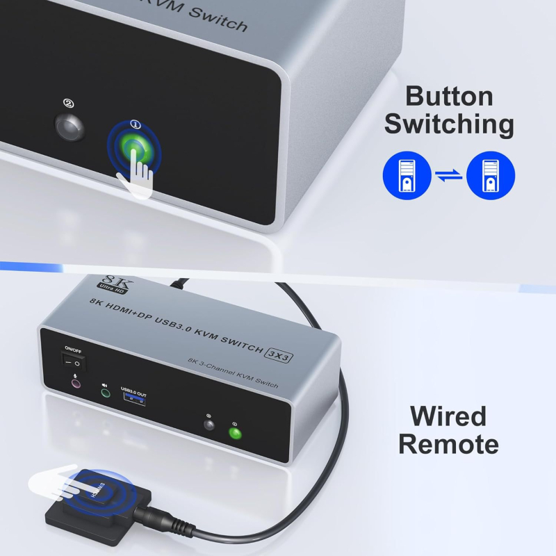 HDMI/DP KVM prekidač, 2 ulaza, 3 izlaza, hibridni KVM za dijeljenje tipkovnice i miša između 2 računala, 3 zaslona, podrška 8K60Hz unatrag