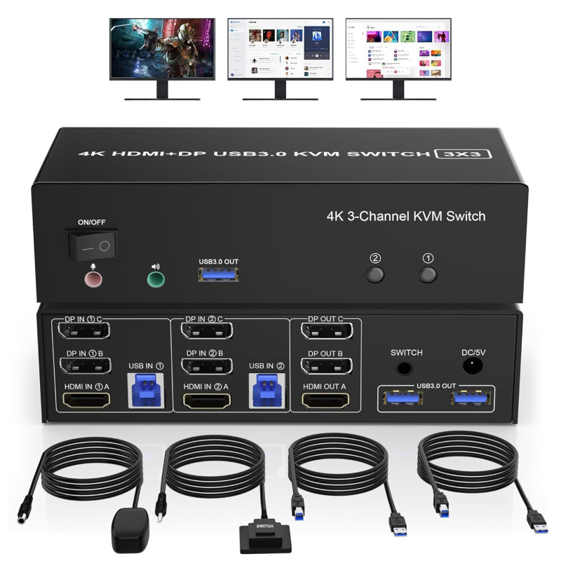 HDMI/DP KVM prekidač, 2 ulaza, 3 izlaza, hibridni KVM za dijeljenje tipkovnice i miša između 2 računala, 3 zaslona, podrška 8K60Hz unatrag