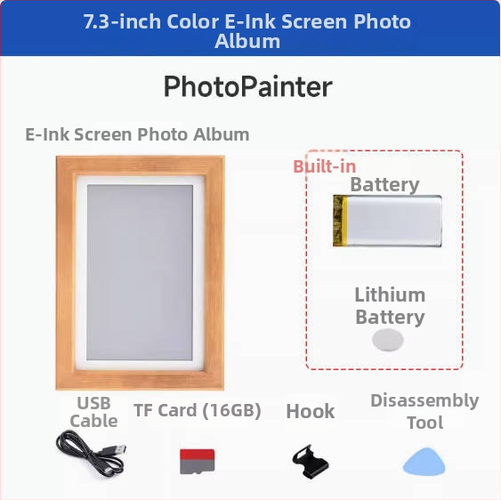 ACEP7 digitálny rám na fotky s E Ink displejom, vstavaným RTC a rámom zo masívneho dreva