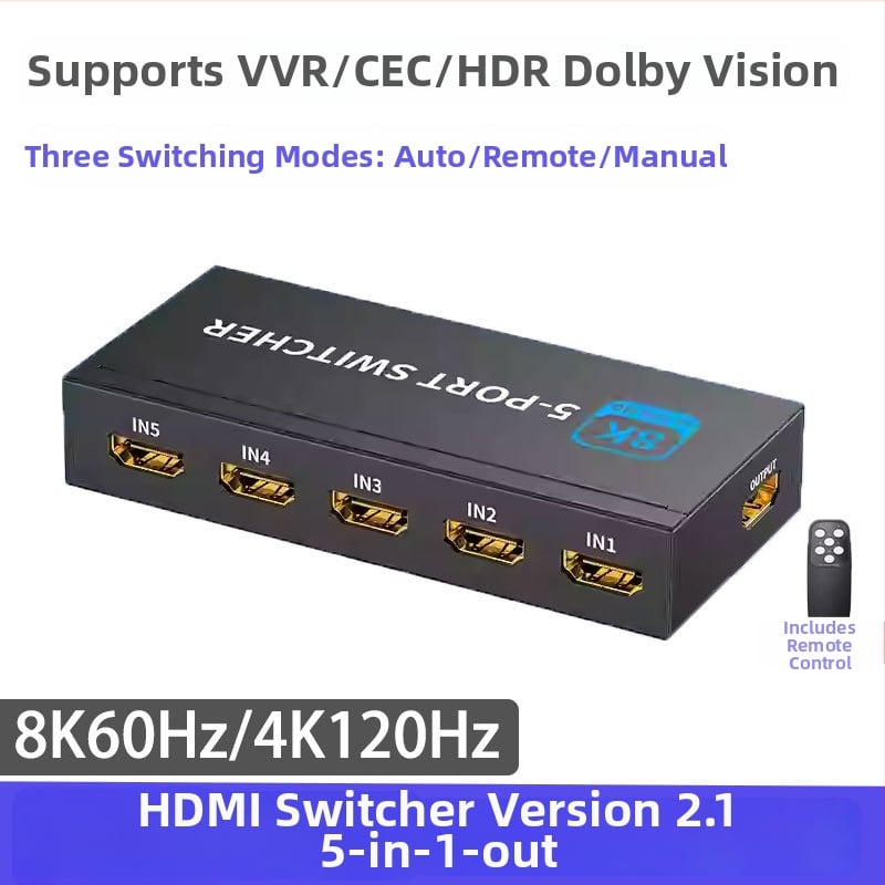 HDMI prekidač 8K60Hz, 5/4 ulaza u 1 izlaz, automatsko prebacivanje na 4K120Hz, kabel dužine 5 m