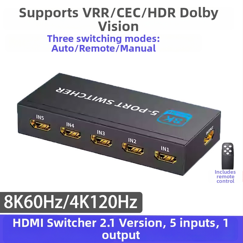 HDMI prekidač 8K60Hz, 5/4 ulaza u 1 izlaz, automatsko prebacivanje na 4K120Hz, kabel dužine 5 m