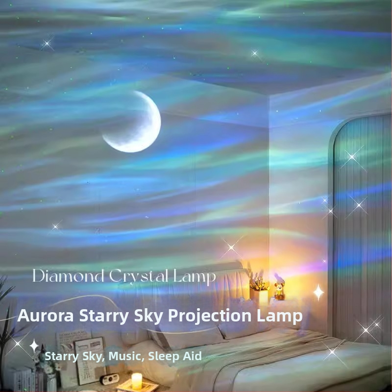 Projektor noćnog neba s aurorom i zvjezdanim nebom – noćno svjetlo, napajanje USB / ugrađena baterija / DC, Bluetooth zvuk, stolna uporaba