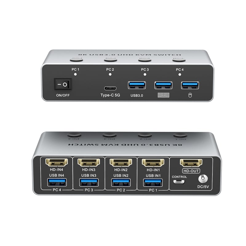 Sajimic Km401-f Διακόπτης KVM, HDMI, 4-σε-1 είσοδες, USB 3.0, 8K60Hz, μοιράζεται οθόνη, ποντίκι και πληκτρολόγιο