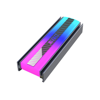Cooler pentru SSD M.2 2280 cu iluminare ARGB și sincronizare streamer; Material: ABS + aliaj de aluminiu + oțel inoxidabil; Include pad termic.