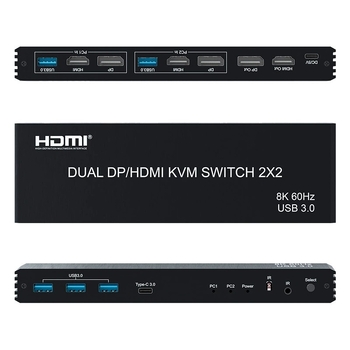 KVM prekidač za dvije ploče, 2-in-2-out HDMI/DP, dijeljena tipkovnica i miš, model IMX-HDP22, rezolucija 7680x4320, kabel 10 m