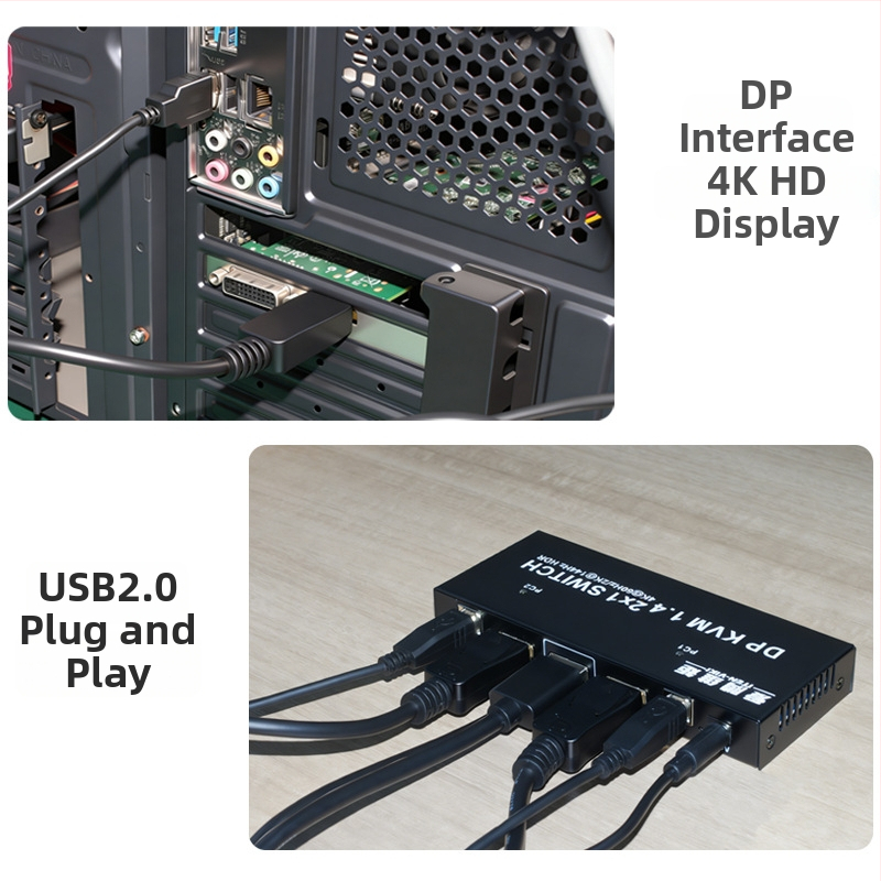 DP USB KVM prepínač s káblom, 4K DP+USB, dvojhlavý DP/MiniDP kábel, model DP&USB2.0KVM-01