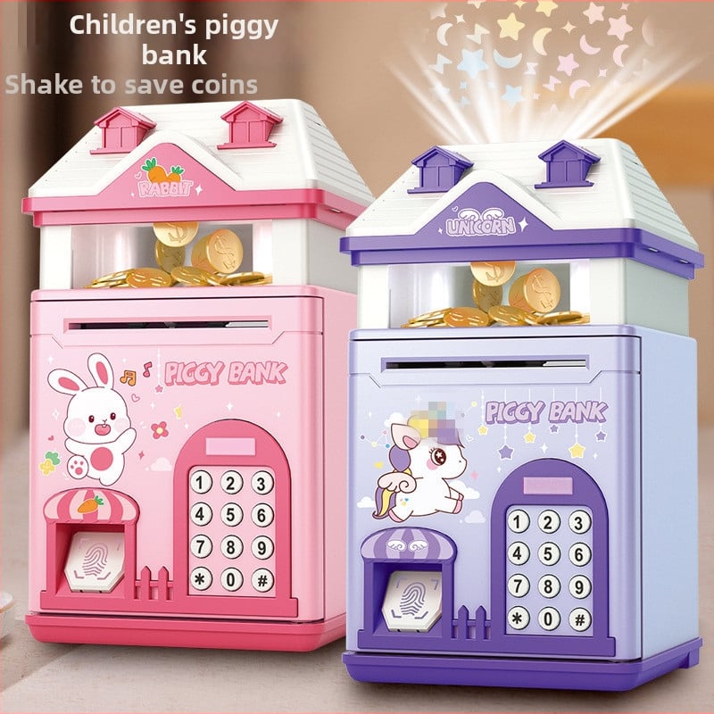 Detská pokladnička s projekciou hviezdnej oblohy a skrinkou s odtlačkom prsta — domček z plastu, vstrekované formovanie, jednoduchý a moderný štýl, tlačené logo