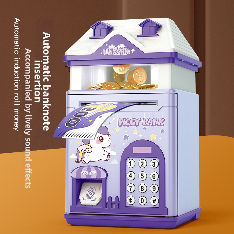 Detská pokladnička s projekciou hviezdnej oblohy a skrinkou s odtlačkom prsta — domček z plastu, vstrekované formovanie, jednoduchý a moderný štýl, tlačené logo