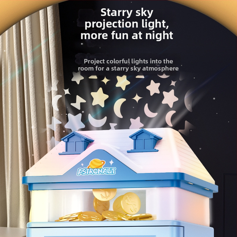 Detská pokladnička s projekciou hviezdnej oblohy a skrinkou s odtlačkom prsta — domček z plastu, vstrekované formovanie, jednoduchý a moderný štýl, tlačené logo
