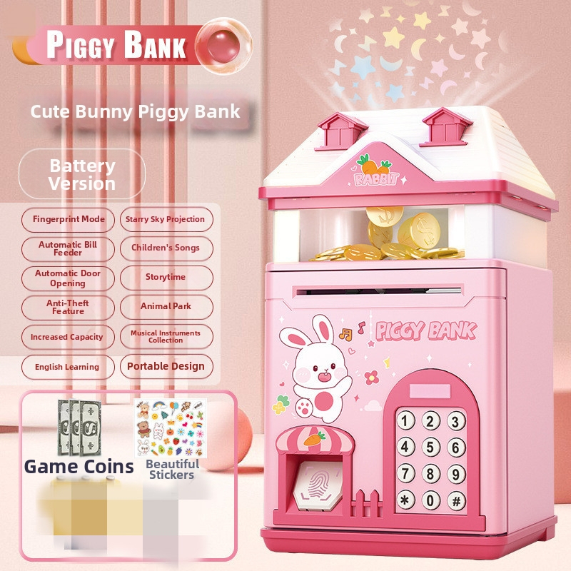 Detská pokladnička s projekciou hviezdnej oblohy a skrinkou s odtlačkom prsta — domček z plastu, vstrekované formovanie, jednoduchý a moderný štýl, tlačené logo