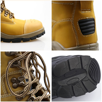 Protiúrazové vysoké pracovné topánky; protišmyková podrážka, ochrana proti nárazom; materiál: dvojvrstvová syntetická koža; vrchná časť: vysoká