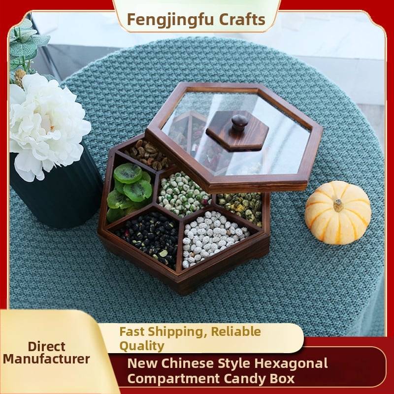 Cutie hexagonală din lemn pentru bomboane cu compartimente și capac; lemn de pin; logo personalizat; potrivită pentru gustări și fructe uscate