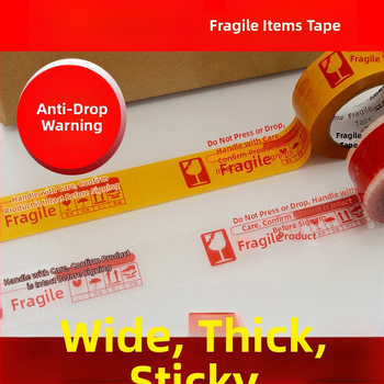 Lenta za pakiranje krhkih artikala uz upozorenje, BOPP film osnove, hidrokloloidno ljepilo, debljina 52 μm, mogućnost rezanja alatom za rezanje, namijenjena zatvaranju i pakiranju