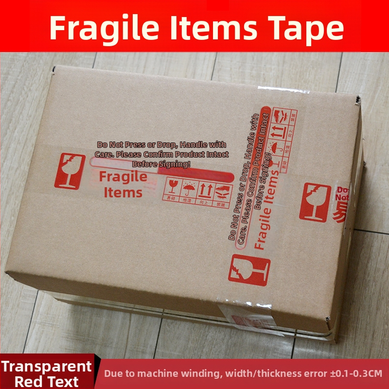 Lenta za pakiranje krhkih artikala uz upozorenje, BOPP film osnove, hidrokloloidno ljepilo, debljina 52 μm, mogućnost rezanja alatom za rezanje, namijenjena zatvaranju i pakiranju