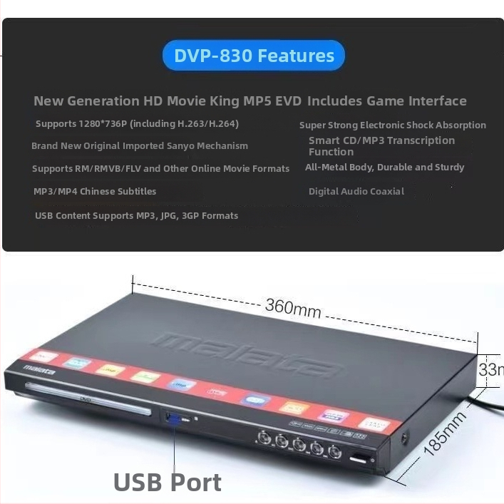 DVD prehrávač s HDMI výstupom, USB MP3 prehrávanie, model 390, 220V, 10W