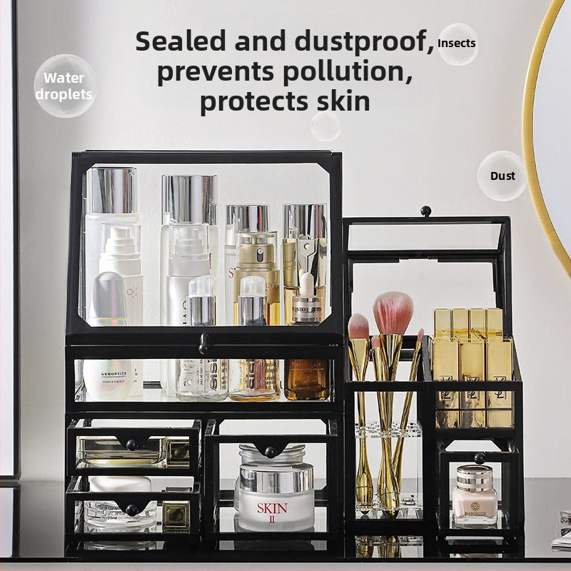 Κοντέινερ αποθήκευσης καλλυντικών για γραφείο, γυάλινο κουτί με συρτάρι, ανθεκτικό στη σκόνη, μεγάλη χωρητικότητα για περιποίηση δέρματος, κομψό στυλ