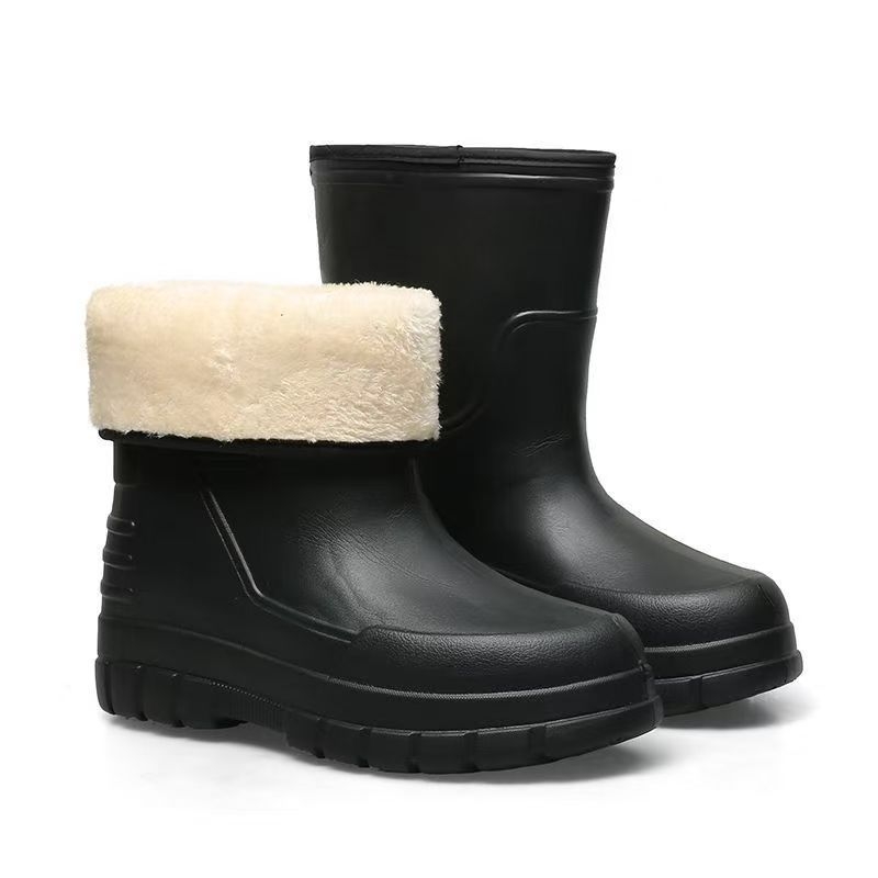 Cizme de ploaie mid-calf pentru bărbați și femei, cu partea superioară din PVC, talpă din spumă EVA, căptușeală caldă din fleece sintetic, anti-derapare pentru iarnă.