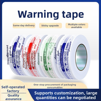 Omotna traka s upozoravajućim logom; debljina filma 28 μm; ljepilo PSA; rezanje nožem; za zatvaranje i pakiranje.