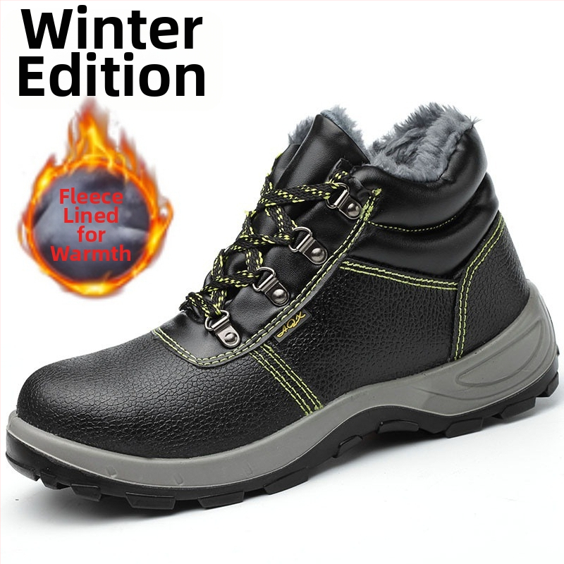 Zimná bezpečnostná pracovná obuv s oceľovou špičkou, proti prepichnutiu a nárazu, odolná hovädzia koža, vysoký vrchný diel, fleecová podšívka