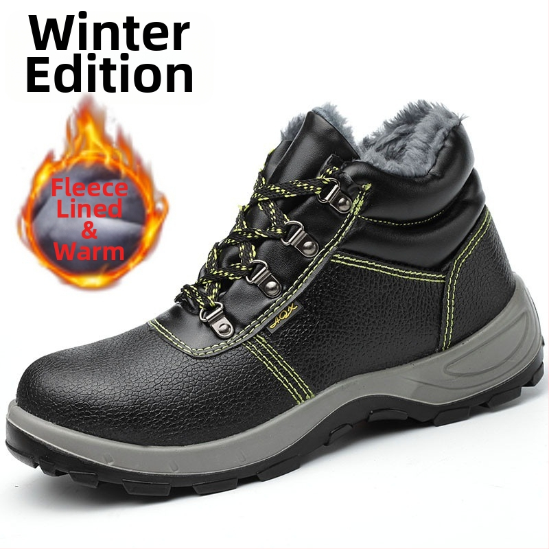 Zimná bezpečnostná pracovná obuv s oceľovou špičkou, proti prepichnutiu a nárazu, odolná hovädzia koža, vysoký vrchný diel, fleecová podšívka
