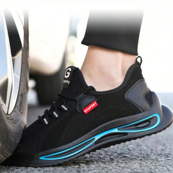 Безопасни обувки със стоманен нос за защита от удар и пробив; горна част от микрофибърна кожа и мрежеста тъкан; нисък глезен; леки и дишащи; подходящи за строителни обекти и работилници