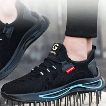 Безопасни обувки със стоманен нос за защита от удар и пробив; горна част от микрофибърна кожа и мрежеста тъкан; нисък глезен; леки и дишащи; подходящи за строителни обекти и работилници