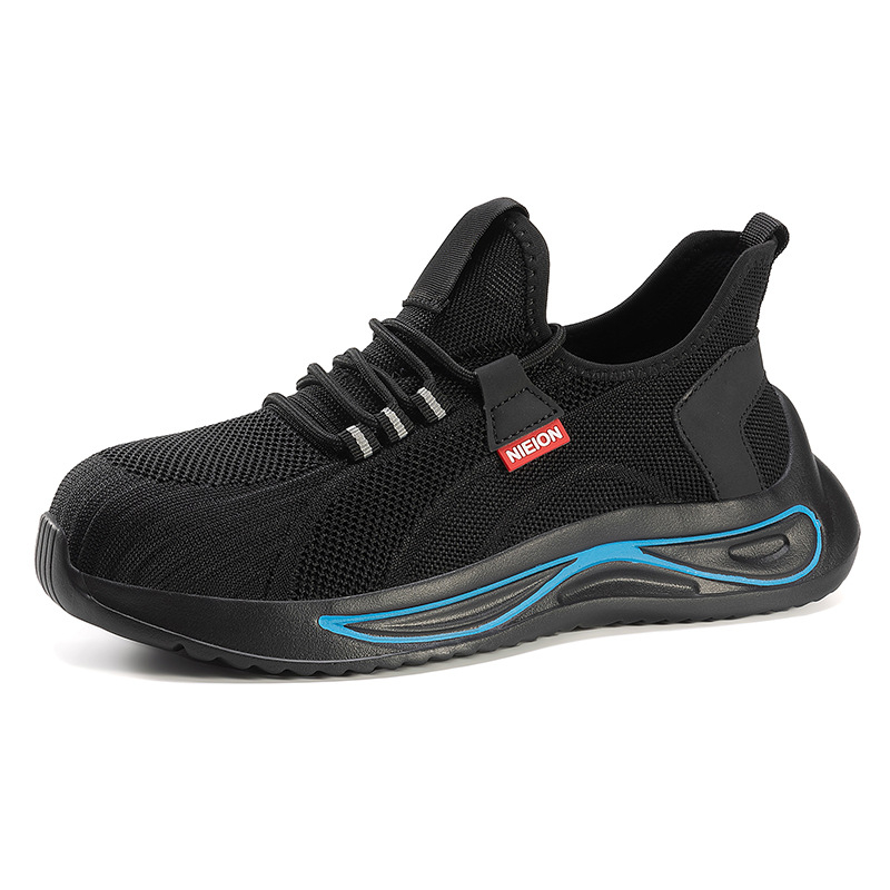 Безопасни обувки със стоманен нос за защита от удар и пробив; горна част от микрофибърна кожа и мрежеста тъкан; нисък глезен; леки и дишащи; подходящи за строителни обекти и работилници