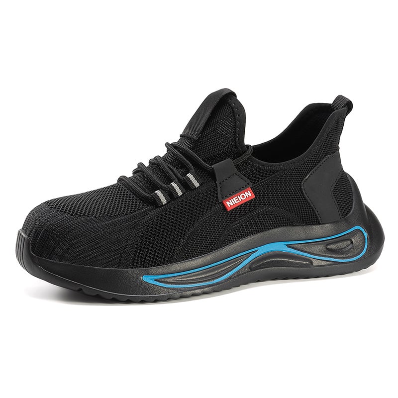 Безопасни обувки със стоманен нос за защита от удар и пробив; горна част от микрофибърна кожа и мрежеста тъкан; нисък глезен; леки и дишащи; подходящи за строителни обекти и работилници