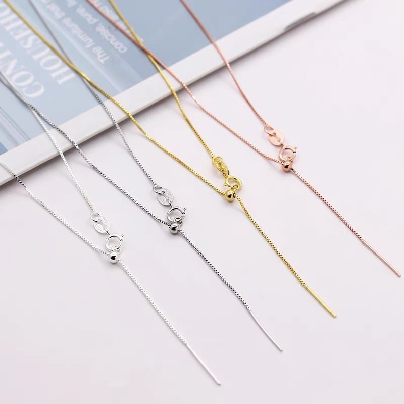 925-стерлингово сребърно колие с кутиева верига, дизайн за преминаване през малка дупка за мъниста, 18K златно покритие, регулируемо