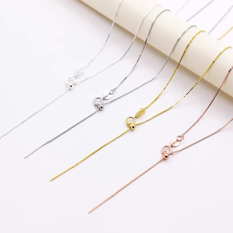 925-стерлингово сребърно колие с кутиева верига, дизайн за преминаване през малка дупка за мъниста, 18K златно покритие, регулируемо