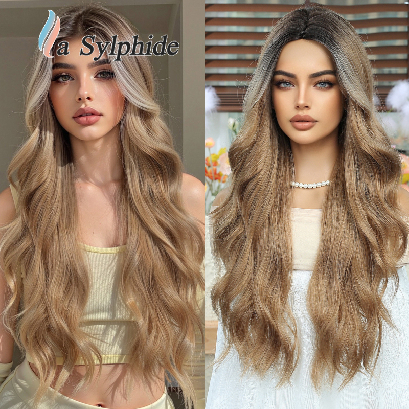 Perucă pentru femei, păr natural lung și buclat, parte centrală, fibre sintetice rezistente la temperatură, poate fi vopsită și tratată cu perm