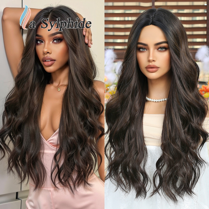 Perucă pentru femei, păr natural lung și buclat, parte centrală, fibre sintetice rezistente la temperatură, poate fi vopsită și tratată cu perm