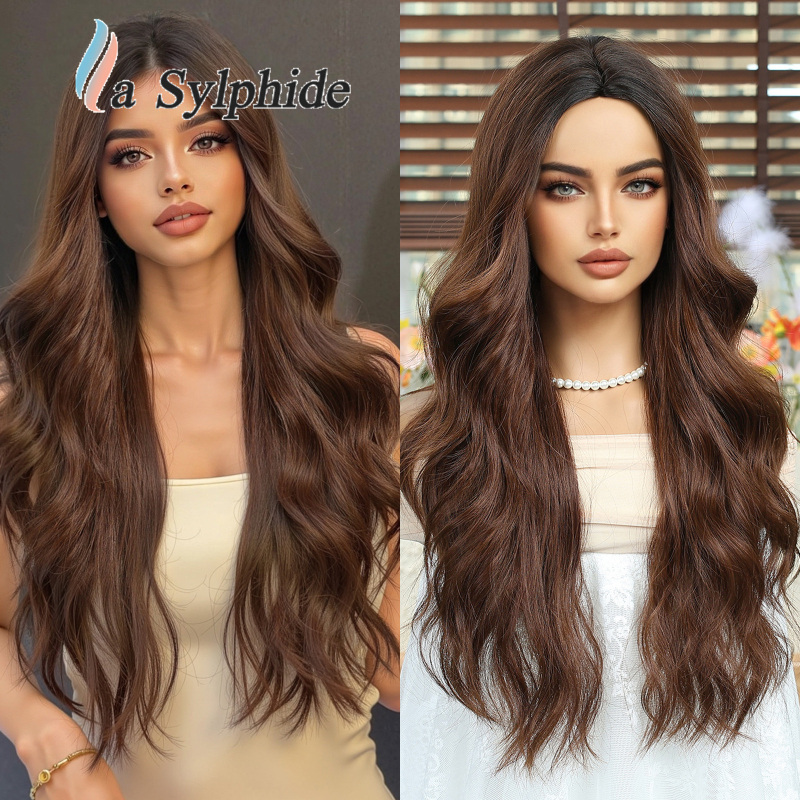 Perucă pentru femei, păr natural lung și buclat, parte centrală, fibre sintetice rezistente la temperatură, poate fi vopsită și tratată cu perm