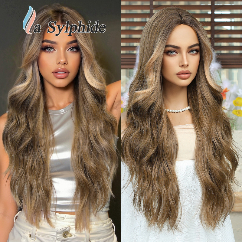 Perucă pentru femei, păr natural lung și buclat, parte centrală, fibre sintetice rezistente la temperatură, poate fi vopsită și tratată cu perm