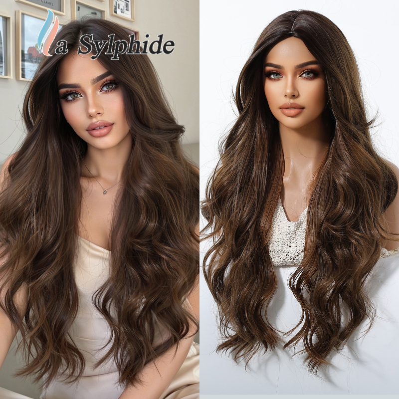 Perucă pentru femei, păr natural lung și buclat, parte centrală, fibre sintetice rezistente la temperatură, poate fi vopsită și tratată cu perm