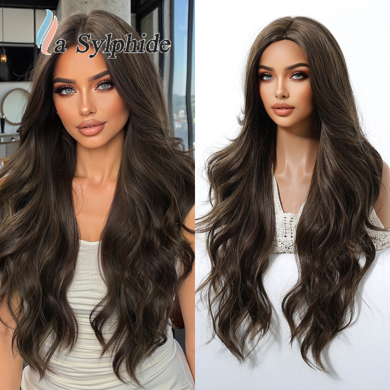 Perucă pentru femei, păr natural lung și buclat, parte centrală, fibre sintetice rezistente la temperatură, poate fi vopsită și tratată cu perm