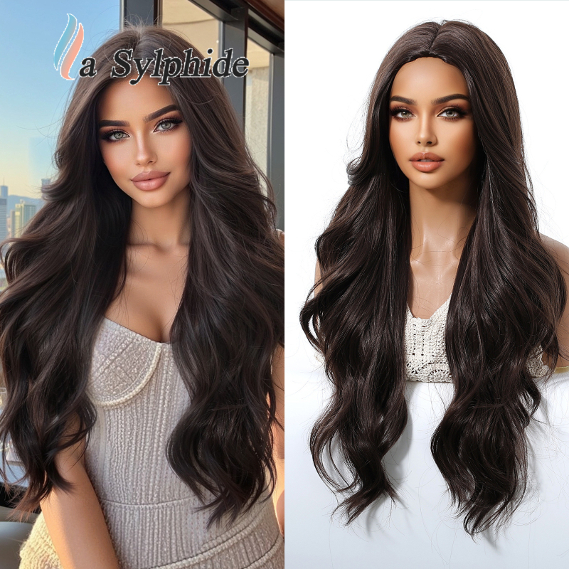 Perucă pentru femei, păr natural lung și buclat, parte centrală, fibre sintetice rezistente la temperatură, poate fi vopsită și tratată cu perm