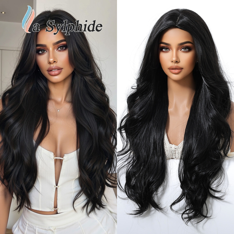 Perucă pentru femei, păr natural lung și buclat, parte centrală, fibre sintetice rezistente la temperatură, poate fi vopsită și tratată cu perm