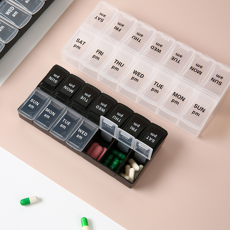 Kutija za tablete s dvostrukim redom 14 pretinaca, Braille, PP plastika, zatvorena, prenosna