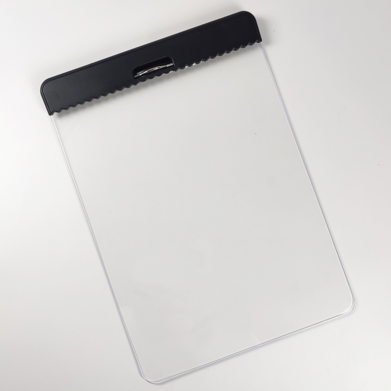 Akrilni clipboard s jakim mehanizmom stezaljke i klipom za ploču; moguć ispis logotipa; prilagodba.