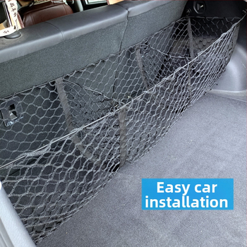 Sieť do batožinového priestoru auta, tri priehradky, viacfunkčná dvojvrstvová sieť, zavesný dizajn; polyester; pre batožinový priestor; zavesený spôsob použitia; tlač loga