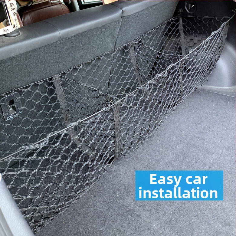 Sieť do batožinového priestoru auta, tri priehradky, viacfunkčná dvojvrstvová sieť, zavesný dizajn; polyester; pre batožinový priestor; zavesený spôsob použitia; tlač loga