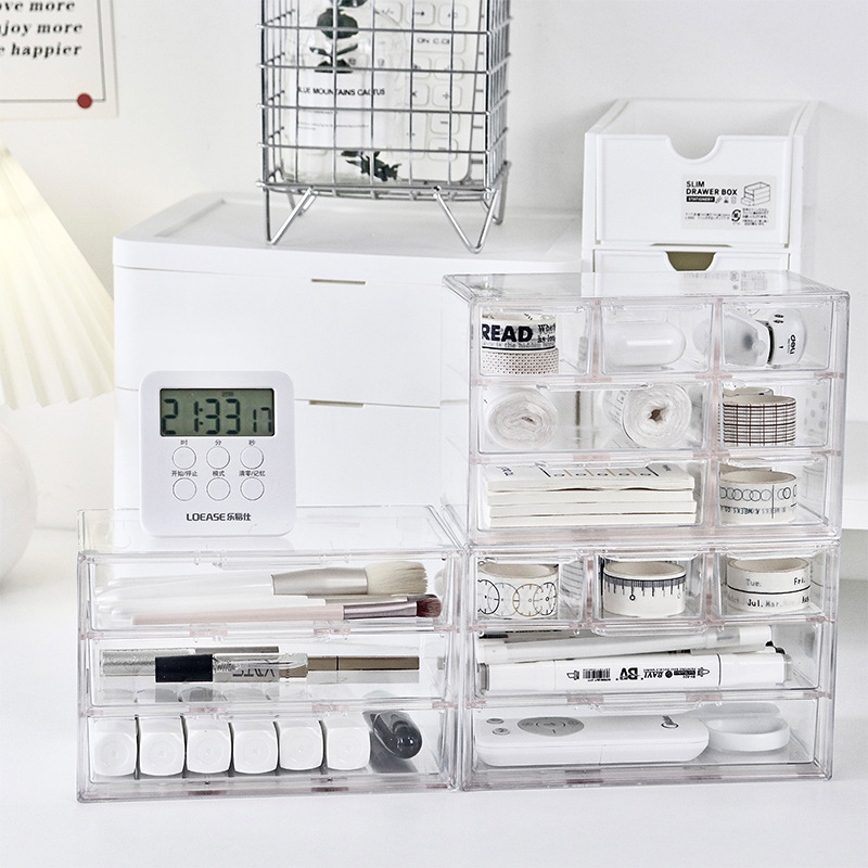 Prozirna kutija za pohranu s ladicama i 7 odjeljaka, za kozmetiku, kancelarijske potrepštine i nakit — plastika, s poklopcem, kapacitet 1 L