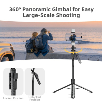 Štvorkrátna selfie tyč pre telefón s LED svetlom, Bluetooth diaľkové ovládanie, použitie na podlahe aj v ručnom režime, univerzálne, ABS + hliníková zliatina