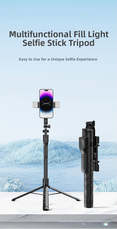 Štvorkrátna selfie tyč pre telefón s LED svetlom, Bluetooth diaľkové ovládanie, použitie na podlahe aj v ručnom režime, univerzálne, ABS + hliníková zliatina