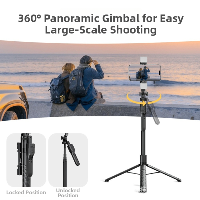 Štvorkrátna selfie tyč pre telefón s LED svetlom, Bluetooth diaľkové ovládanie, použitie na podlahe aj v ručnom režime, univerzálne, ABS + hliníková zliatina